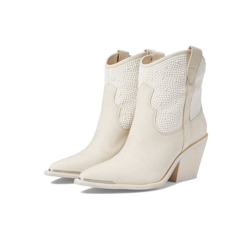 🩷 New Dolce Vita Nashe off white pearls Women's Cream Western Ankle Boots 12M